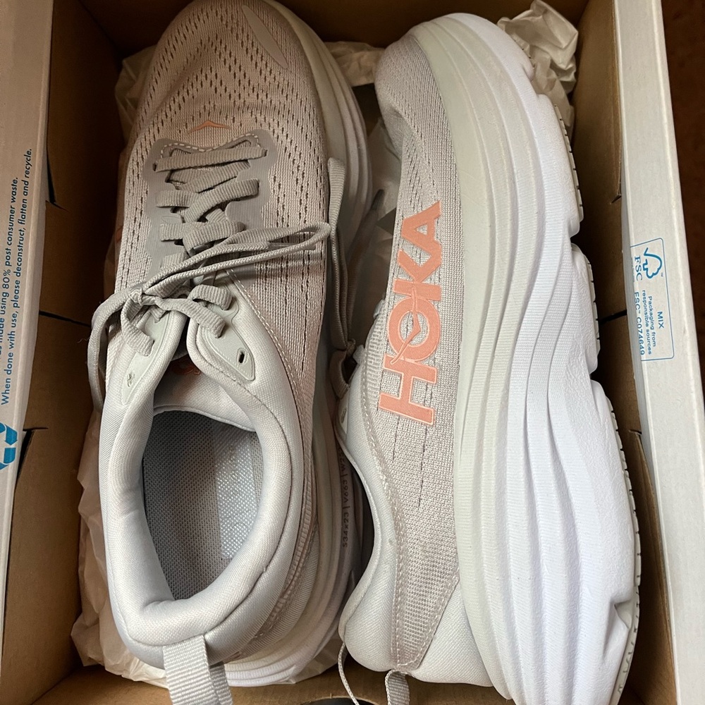 Hokas size 8 women’s. Grey and a light pink. Worn once but they aren’t my style